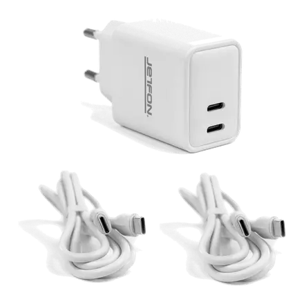 Cargador doble toma USB-C, 10W + 2 cables doble USB-C